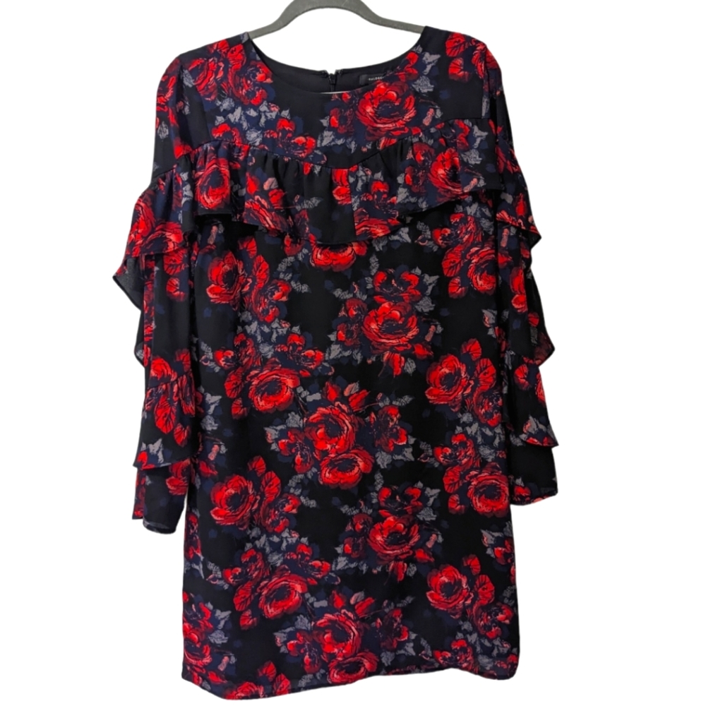 Halogen Floral Ruffled Long Bell Sleeve Shift Dress Size Medium